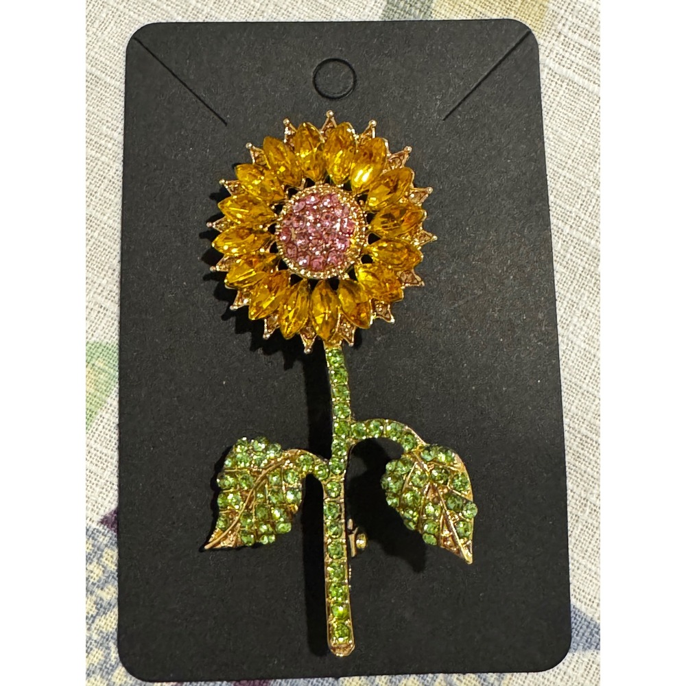 Gold Tone Sunflower Brooch Pin Yellow Pink Green Crystal Rhinestone Floral